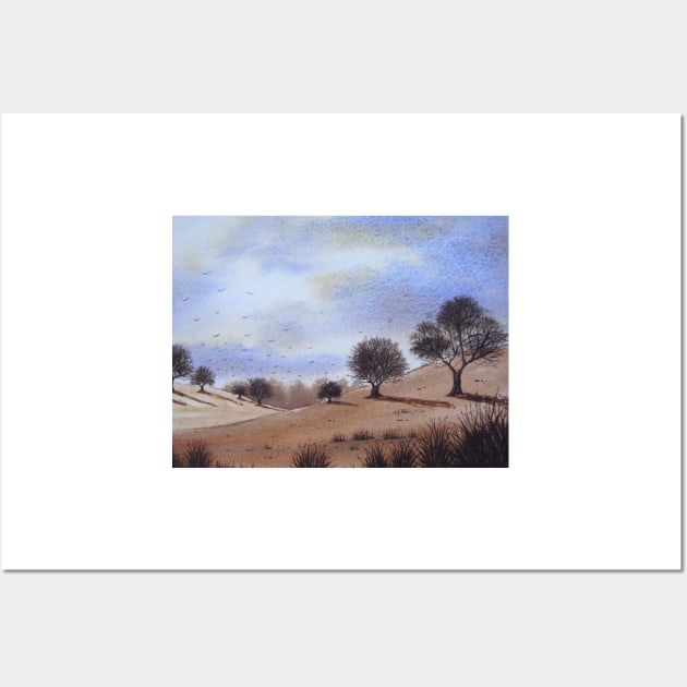watercolour autumn landscape park trees and blue skies Wall Art by pollywolly